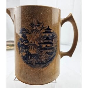 Vintage‎ W.S. George Derwood Ivory Pitcher Blue Willow Pagoda Birds 198D